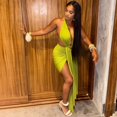 thumbnail image 5 of Women's Halter Deep V-Neck Chest Wrapped Sleeveless Backless Pleated Split Ribbons Bandage Dress, Solid Color, Sexy, 5 of 20