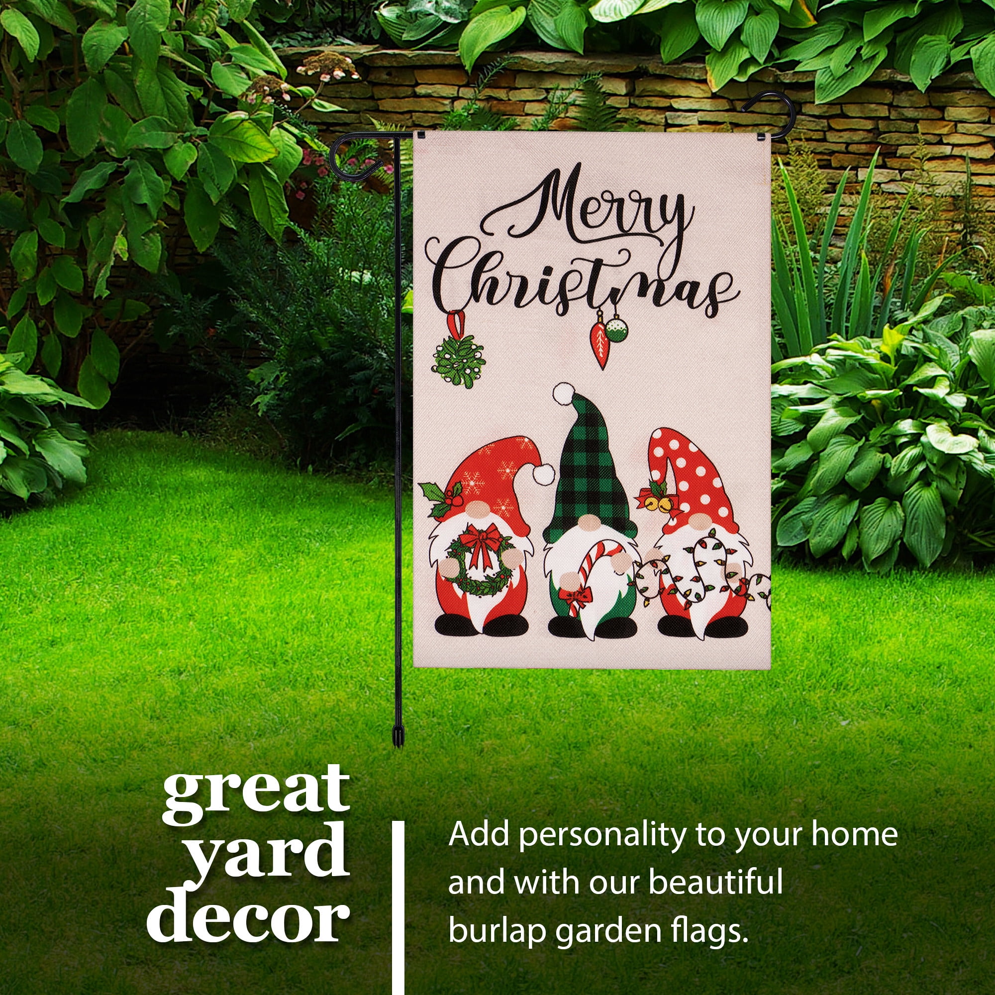 G128 2sets: 36"x16" Garden Yard Flag Stand Black & 12"x18" Double-Sided Christmas Garden Flag Gnomes
