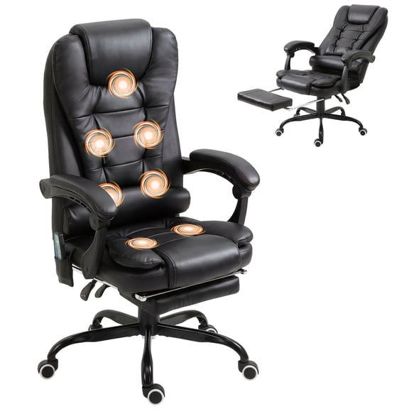 Office Desk Chair, Black Faux Leather High Back Executive Chair with 7-Point Vibrating Massage, Retractable Footrest, Lumbar Support and Reclining Function, 31.1 x 26.5 x 47.75 in