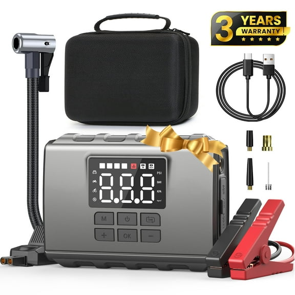 GCZ 3000A Peak Portable Jump Starter with Air Compressor 150PSI, Battery Booster (up to 7.5L Gas&5.5L Diesel), 20000mAh Power pack with Dual Cylinder & LED Display&Flashlight