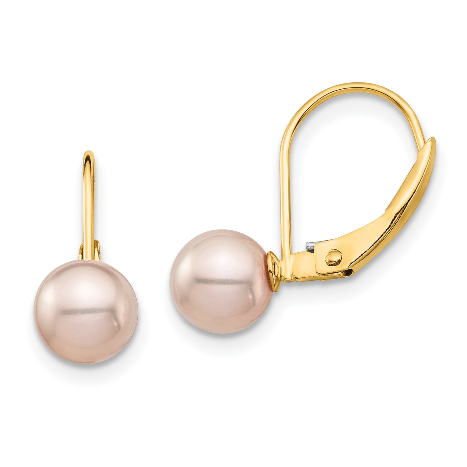 14k Yellow Gold Lever back Earrings with 7mm up to 8mm Pink Freshwater Pearl 