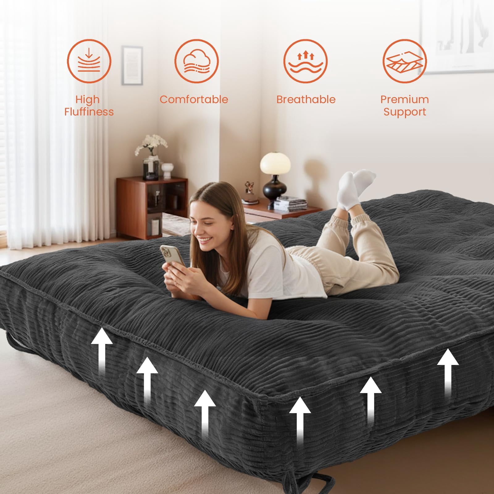 8 Inch Futon Mattress Full Size, Futon Floor Sofa Bed Foldable with Soft Corduroy Fabric  - 2 Storage Straps for Home, Guest Room, Dorm(Frame Not Included)