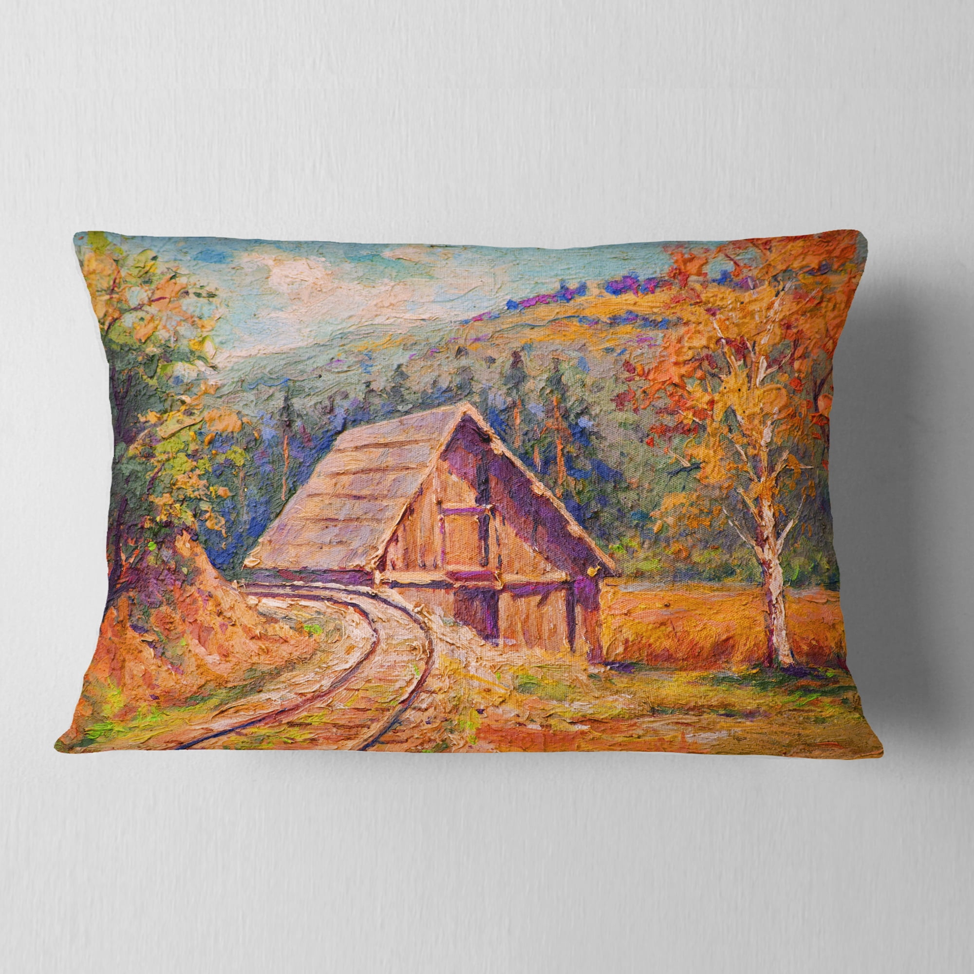 Designart Railway Track in Village - Landscape Printed Throw Pillow - 12x20