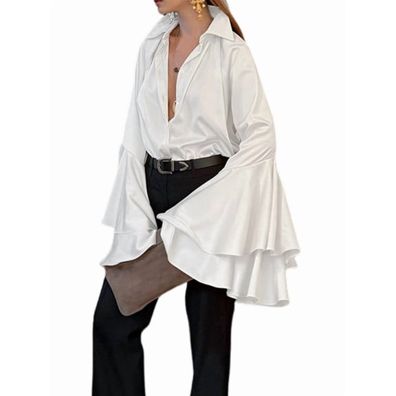 Elegant Satin Flared Sleeve Button Down Shirt for Women - Ideal for Office and Social Events White L