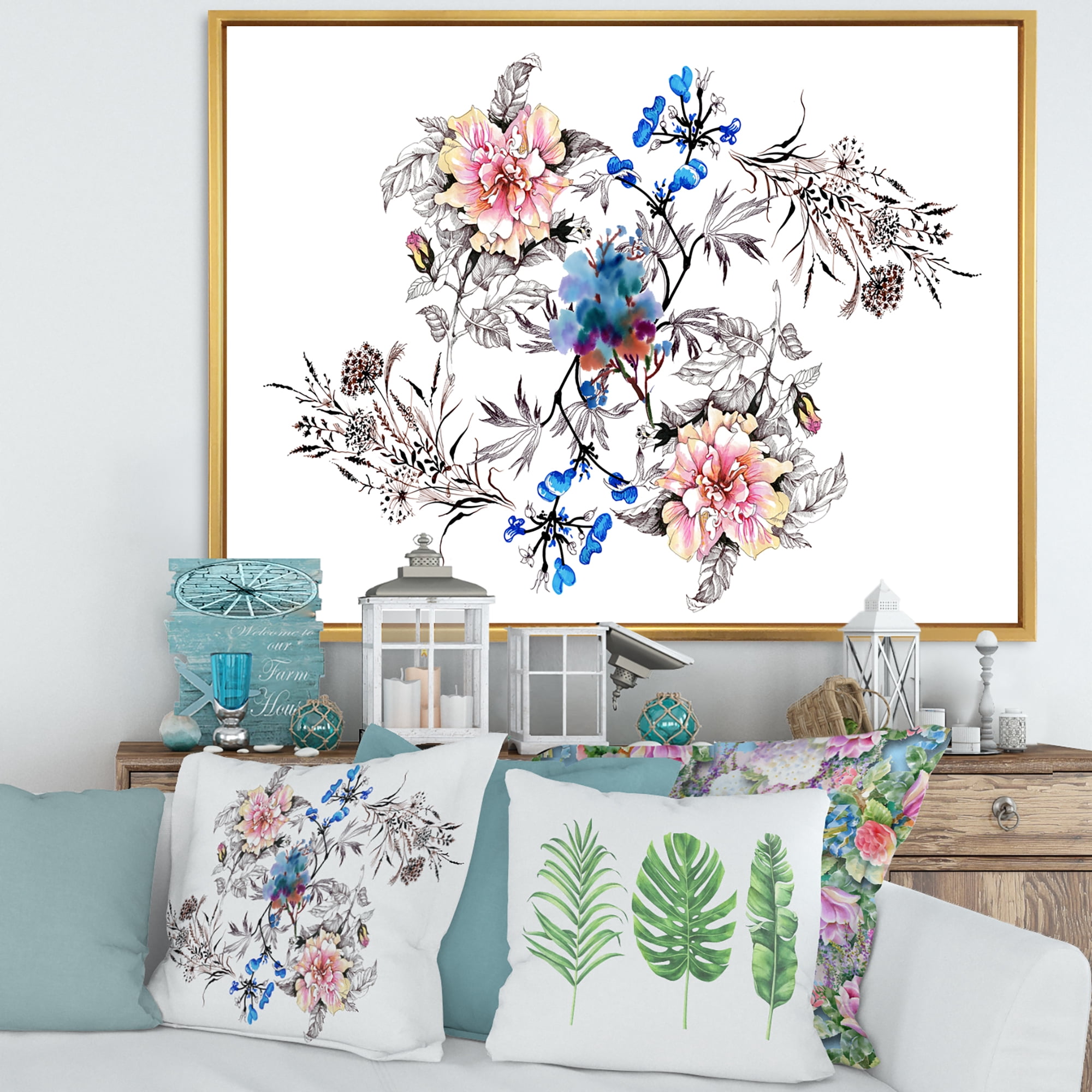 Designart 'Pink and Blue Wildflowers' Traditional Framed Canvas Wall Art Print