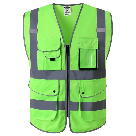 JKSafety 9 Pockets Class 2 High Visibility Zipper Front Safety Vest With Reflective Strips, Meets ANSI/ISEA Standards (150-Green, XX-Large)