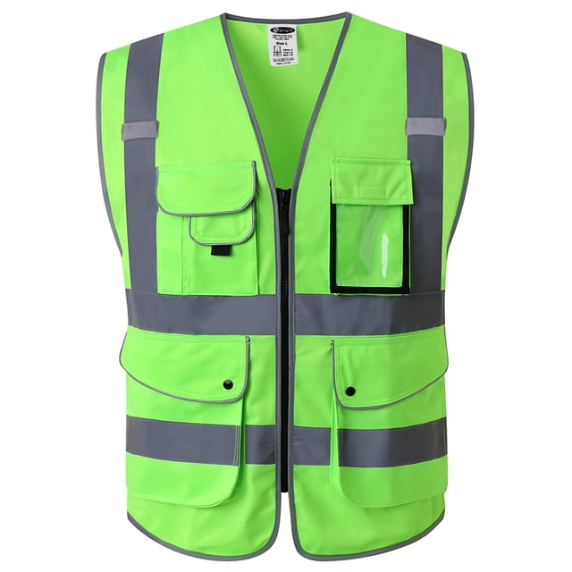 JKSafety 9 Pockets Class 2 High Visibility Zipper Front Safety Vest With Reflective Strips, Meets ANSI/ISEA Standards (150-Green, XX-Large)