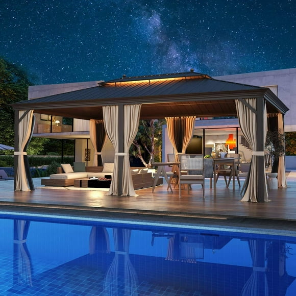14'x20' Hardtop Gazebo, Galvanized Steel Metal Double Roof Aluminum Gazebos with Curtain and Netting, Brown Permanent Pavilion Gazebo with Aluminum Frame for Patios, Gardens, Lawn