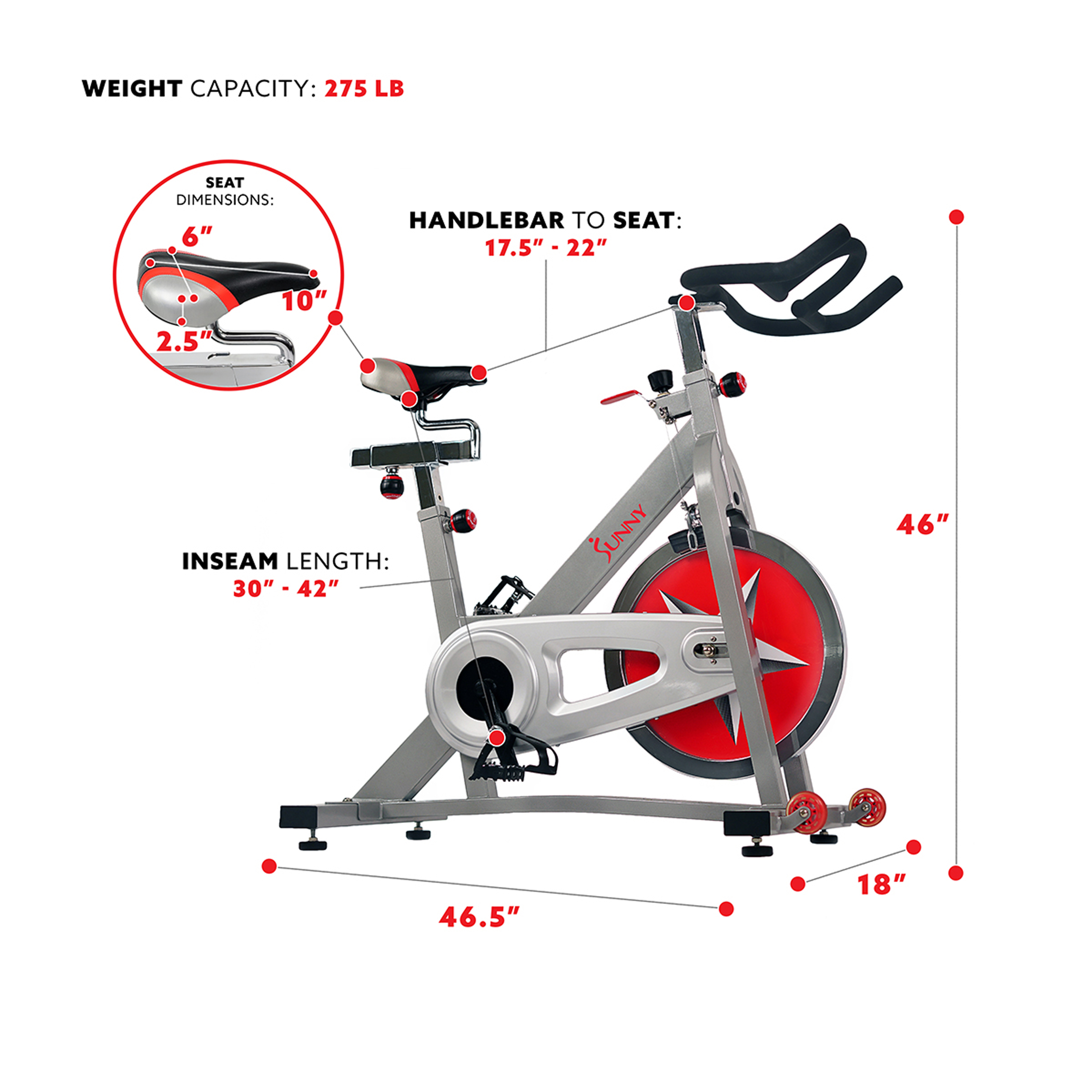 Sunny Health & Fitness Stationary Chain Drive 40 lb Flywheel Pro Indoor Cycling Exercise Bike Trainer, Workout Machine, SF-B901 - image 6 of 9