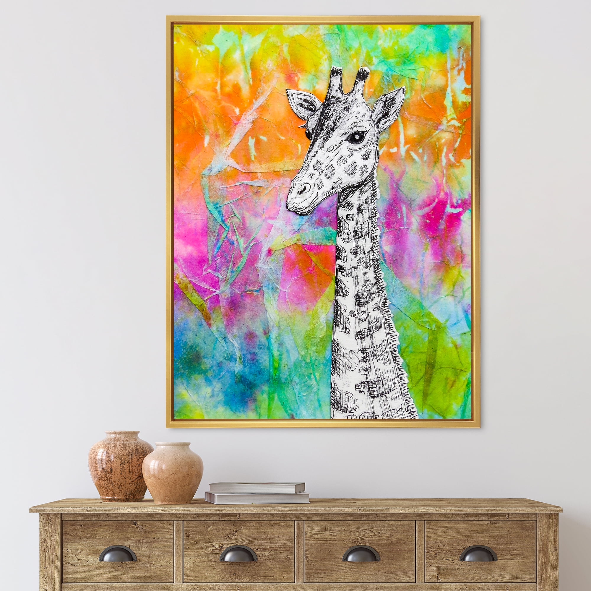 Monochrome Giraffe Drawing On Bright Rainbow 16 in x 32 in Framed Painting Canvas Art Print, by Designart