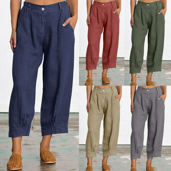 Capris Pants for Women Summer Beach Cotton Linen Pants Elastic Waist Cropped Lounge Pants High Waist Wide Leg Pant Casual Trousers with Pocket