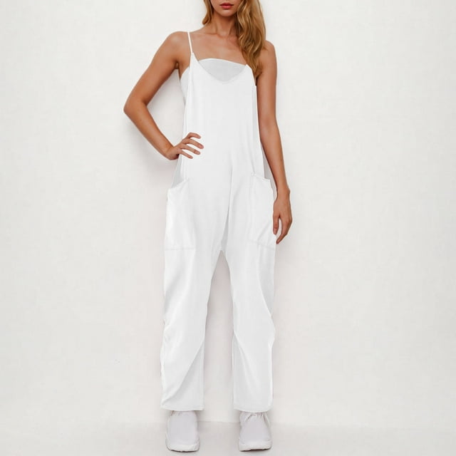 UPPADA Combinaisons pour Femmes Décontractées Amples Combinaisons Couleur Unie Col en V Sans Manches Combinaisons Bretelles Spaghetti Réglables Salopettes Pantalons Longs Combinaison avec Poches Liquidation en Liquidation Blanc,G