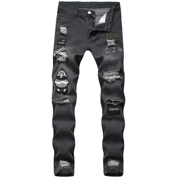 Men Stretchy Ripped Skinny Biker Hip Hop Jeans Destroyed Taped Patch ...