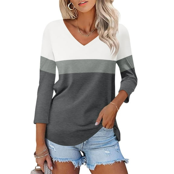 Texiao Women's V Neck 3/4 Sleeve Tops Color Block/ Shirts Basic Summer Tees