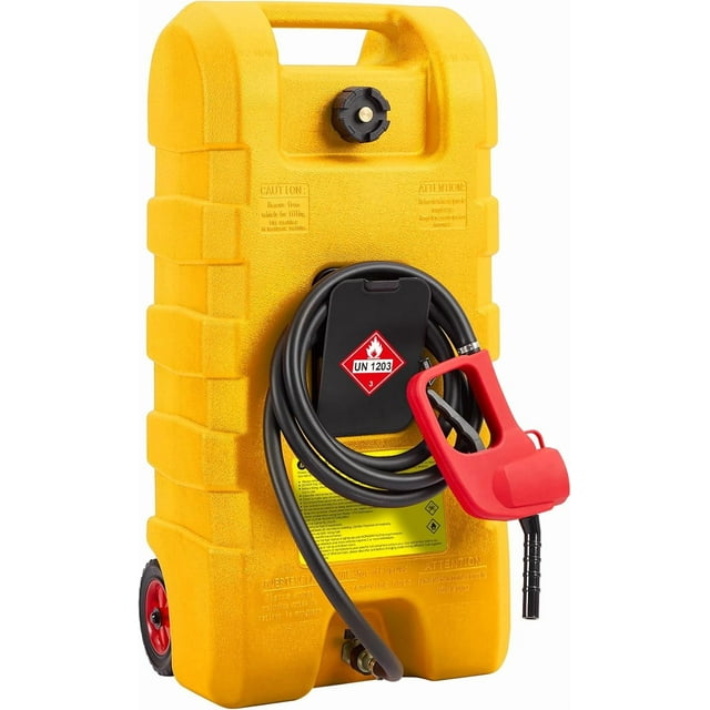 OUYAWEI Réservoir de Transfert Utilitaire à Roues de 15 Gallons avec Pompe Manuelle, Contenant Roulant Portable avec Boyau de 10 Pieds pour Équipement, Tracteurs, Bateaux et Transport sur Chantier, Jaune
