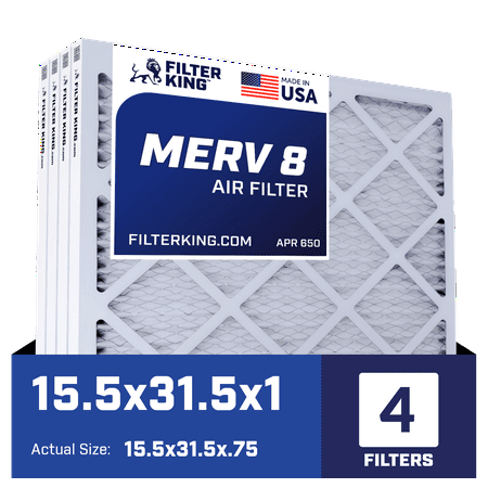 

Filter King 15.5x31.5x1 Air Filter | 4-PACK | MERV 8 HVAC Pleated A/C Furnace Filters | MADE IN USA | Actual Size: 15.5 x 31.5 x .75