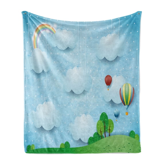 Cartoon Soft Flannel Fleece Throw Blanket, Themed Balloons Clouds and Stars on the Hills Style Design, Cozy Plush for Indoor and Outdoor Use, 50" x 60", Multicolor, by Ambesonne