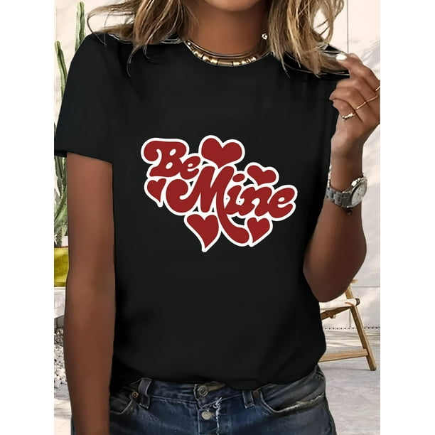 Be Mine Hearts Valentine's Day T-shirt Print Women's Premium Cotton Casual Soft Breathable ComfortabCamisetas de verano para mujer, manga corta, cuello redondo, casual, lindo, con gráficos, camisetas