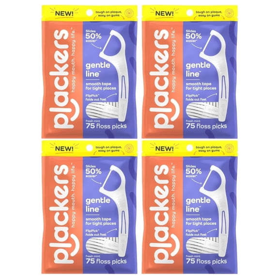 4 Pack of Plackers Gentle Line Floss Picks with Fold-Out FlipPick, Fresh Mint, 75 Count/each