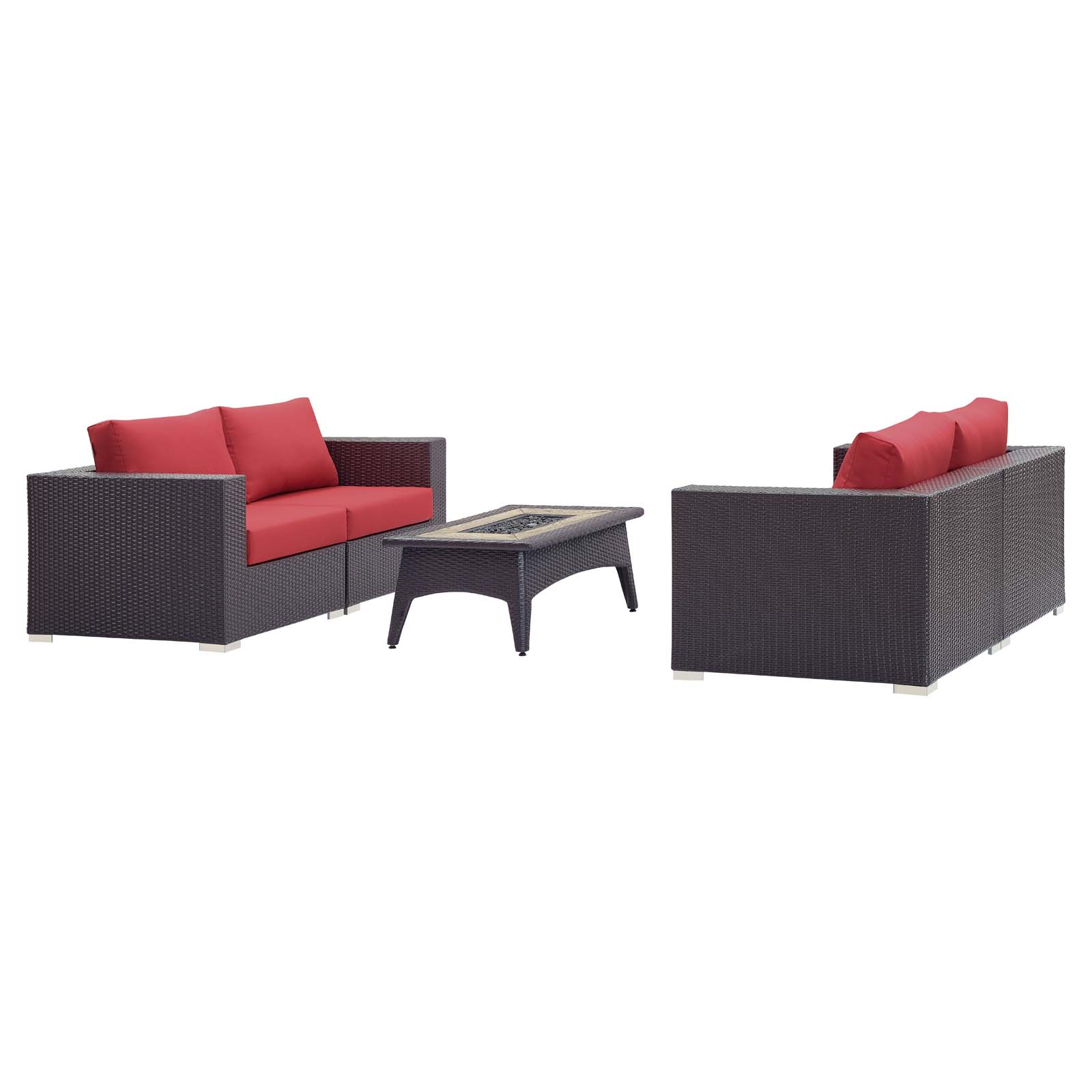 Contemporary Modern Urban Designer Outdoor Patio Balcony Garden Furniture Lounge Sofa, Chair and Coffee Table Fire Pit Set, Fabric Rattan Wicker, Red - image 3 of 8