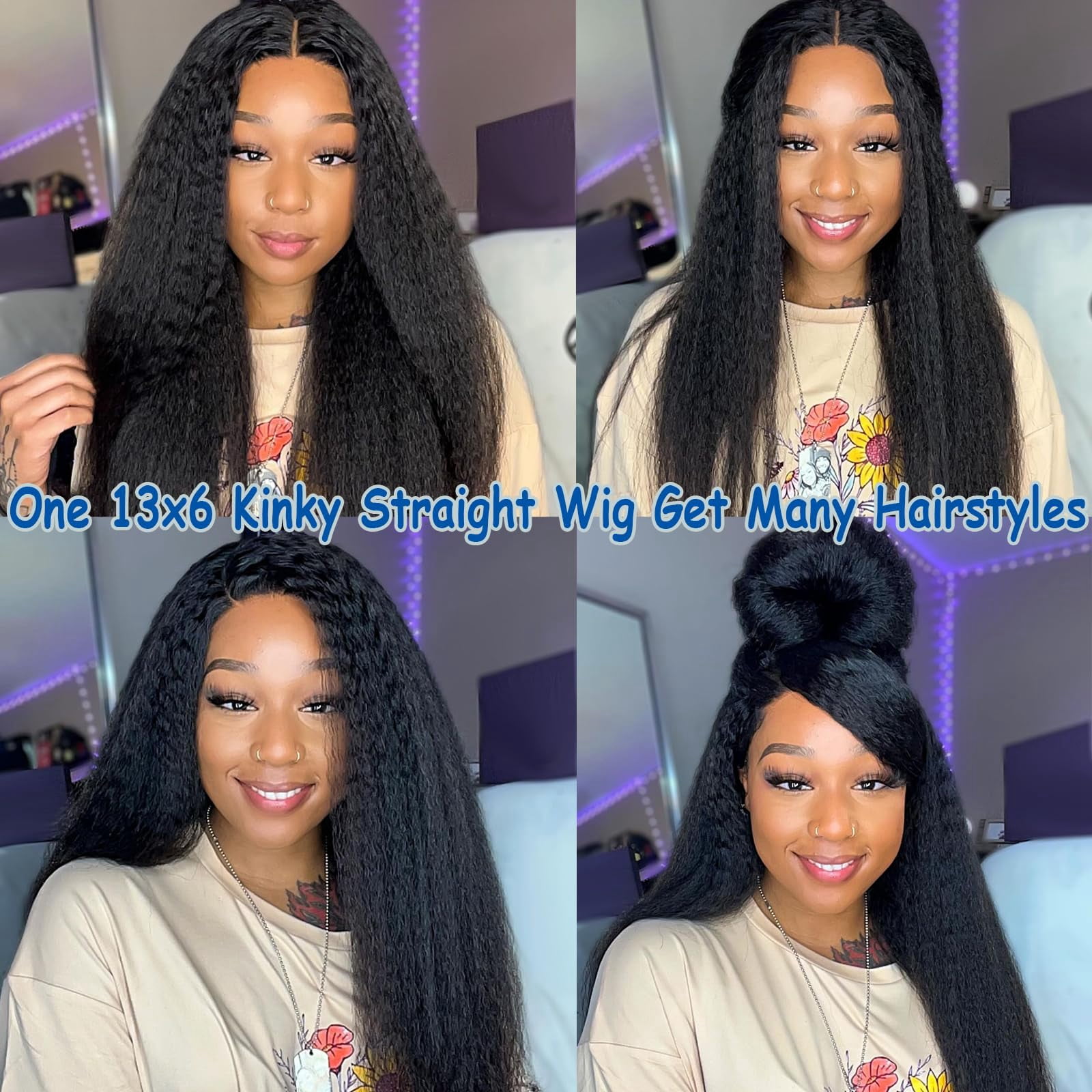 Mscathy 13X6 Kinky Straight Human Hair Lace Front Wig Pre Plucked Natural Black 16 Inch 180% Density Yaki Straight Lace Frontal Wigs For Women