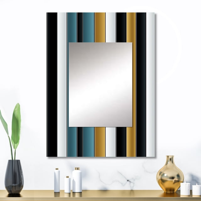 Designart "Classic Pinstripes In Green And Gold" Abstract Wall Mirror, Printed Green Wall Mirror, Modern Bathroom Wall Mirror, Decorative Abstract Mirror - 24x32 Inch