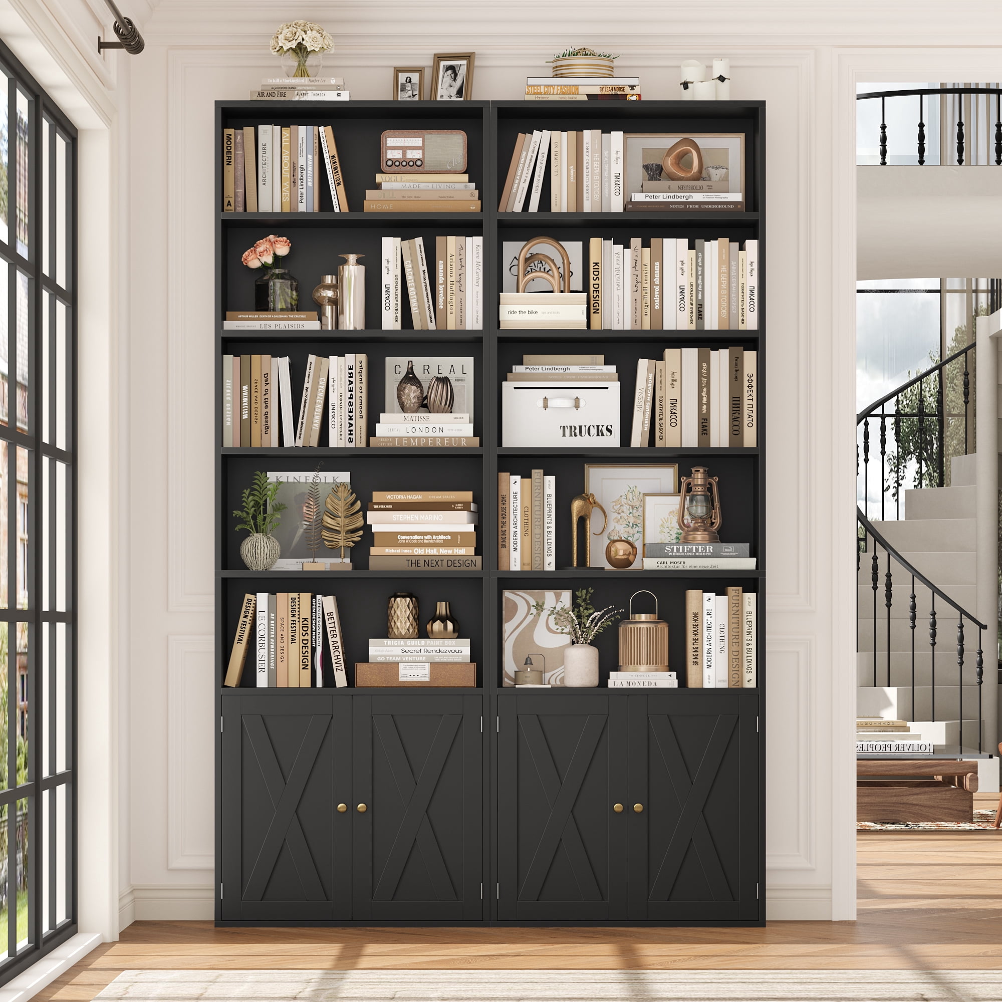 Hiphuta 81.5" Tall Bookcase with Doors, 5-Tier Bookshelves with Storage, 23.6"W Display Shelf with 2 Doors for Home Office, Living Room, Black