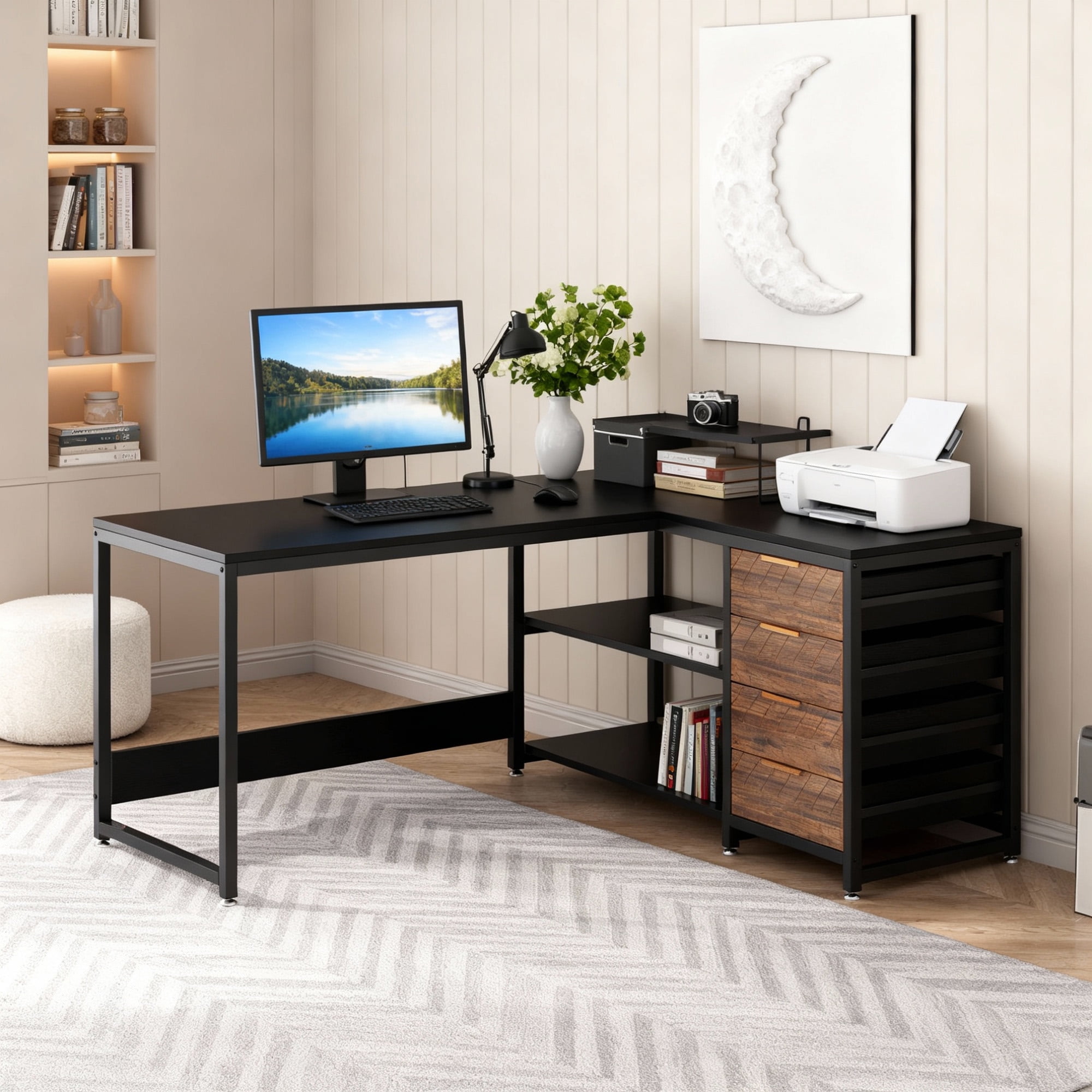 KIOOTTO 59" L-Shaped Computer Desk with 4 Drawers, Reversible Storage Cabinet and Large Corner Workstation, Brown