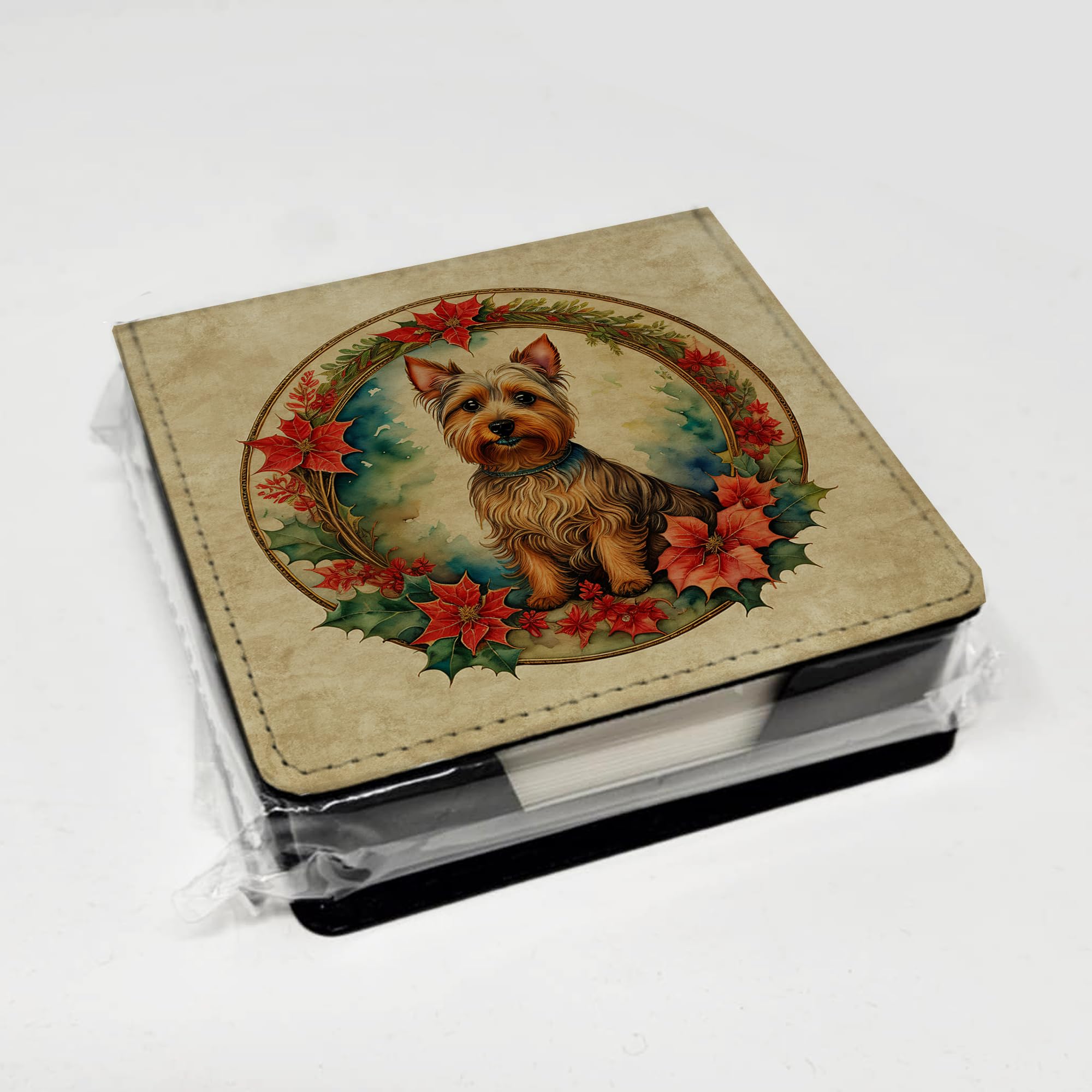 Caroline's Treasures Australian Terrier Christmas Flowers PU Leather Note Paper Holder with Artist-Designed Cover, Desk Accessory, Office Gift