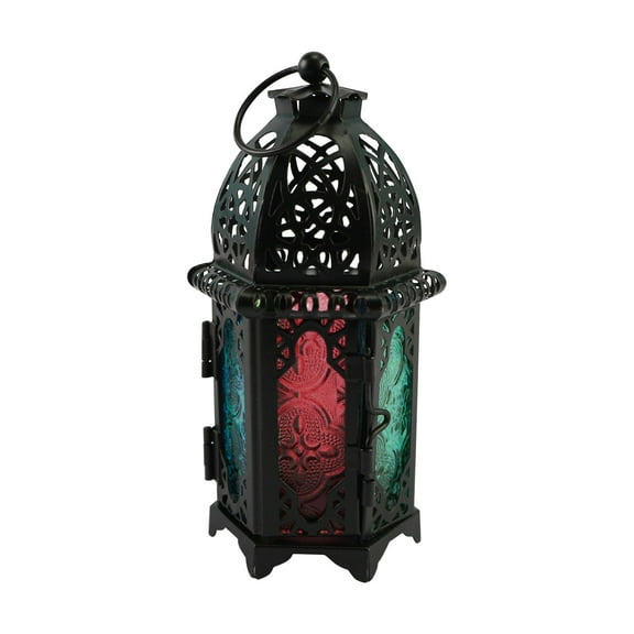 Candle Holder Decor, Glass Hurricane Candle Holder, 11X5 In, Black Filigree, Vintage Lantern, Warm Glow Projection, Wedding Centerpiece, Multitone Panes, 1 Pc