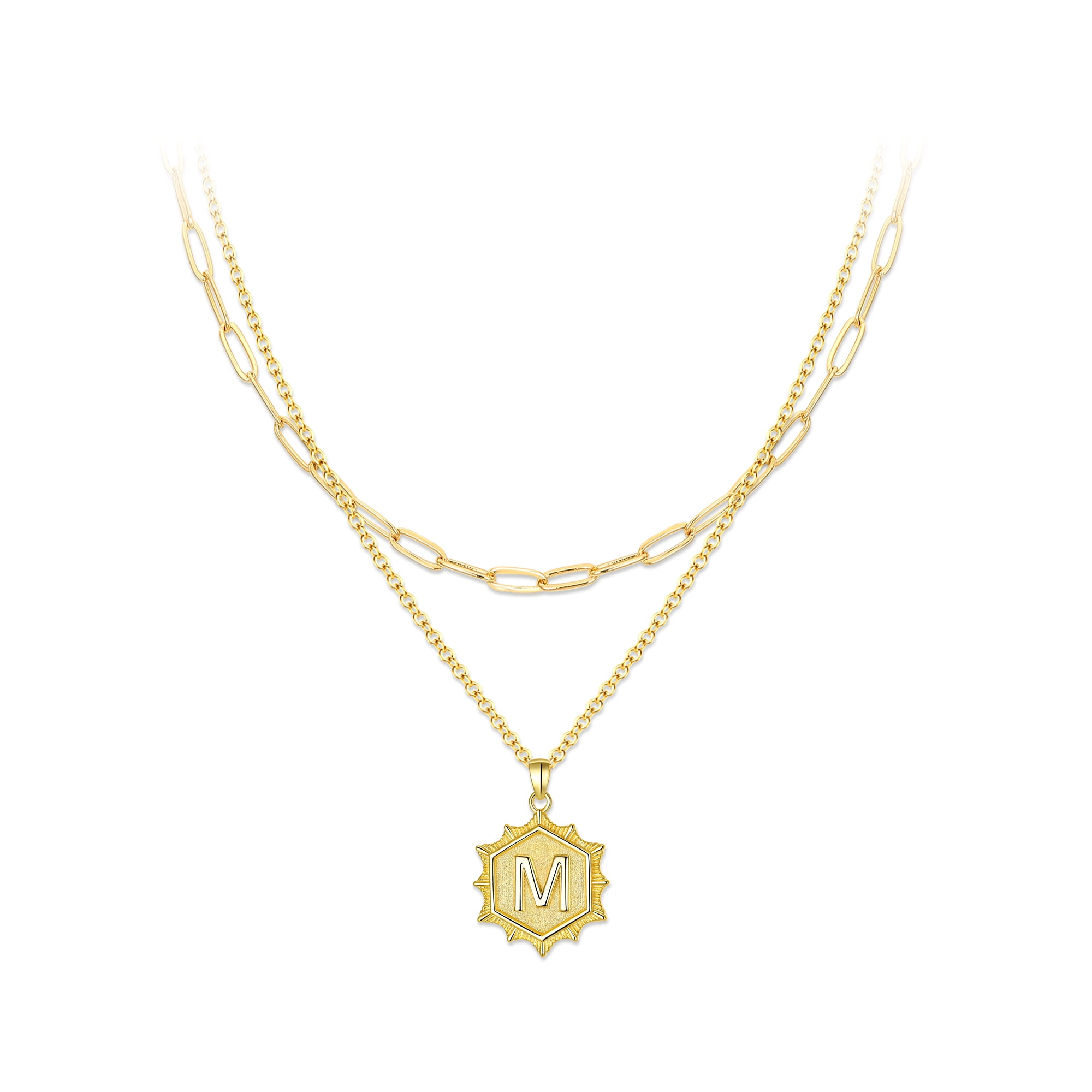 Wedure Dainty 14k Gold Plated Layered Octagonal Shape Necklaces for Women,  Layering Necklaces Pendant Initial M Necklace Paperclip Chain Necklace  Simple Adjustable for Women 
