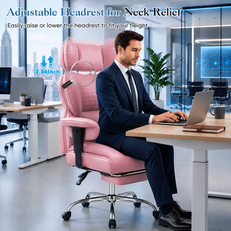 Simple Deluxe 350lbs Executive Heavy Duty Office Chair for Big & Tall, PU Leather Ergonomic Reclining Desk Chair with Footrest, Pocket Spring Cushion, Pink