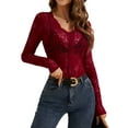 thumbnail image 3 of Lace Mesh Top for Women Long Sleeve V-Neck Sheer Blouse See Through Floral Lace Tops Red S, 3 of 7