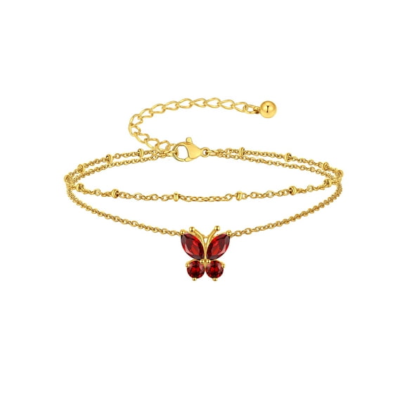 Suplight Butterfly Birthstone Anklets for Women Gold Plated Stainless Steel Dainty Layered January Red Garnet Foot Chain Adjustable Ankle Bracelets Beach Pool Jewelry Gifts for Wife Anniversary