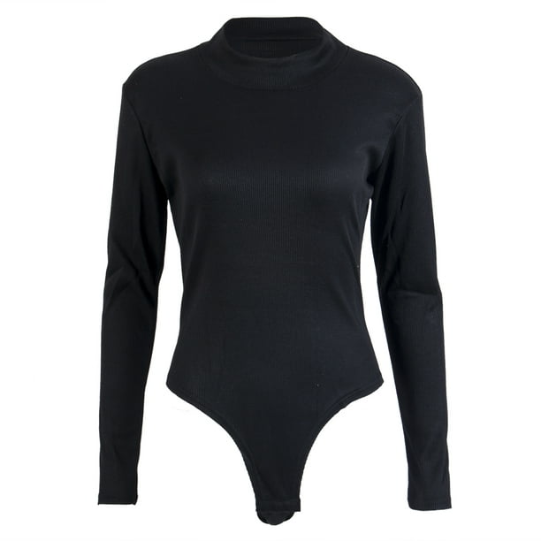 FAROOT Women Black Long Sleeve Stretch Bodysuit Ladies Blouse Body