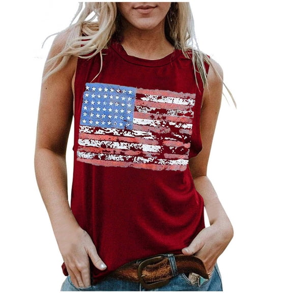 Wang6 American Flag Tank Tops for Women Patriotic Shirt USA Flag Stars Stripes Print Sleeveless T-Shirt 4th of July Tee Shirts 0429liRed2 M