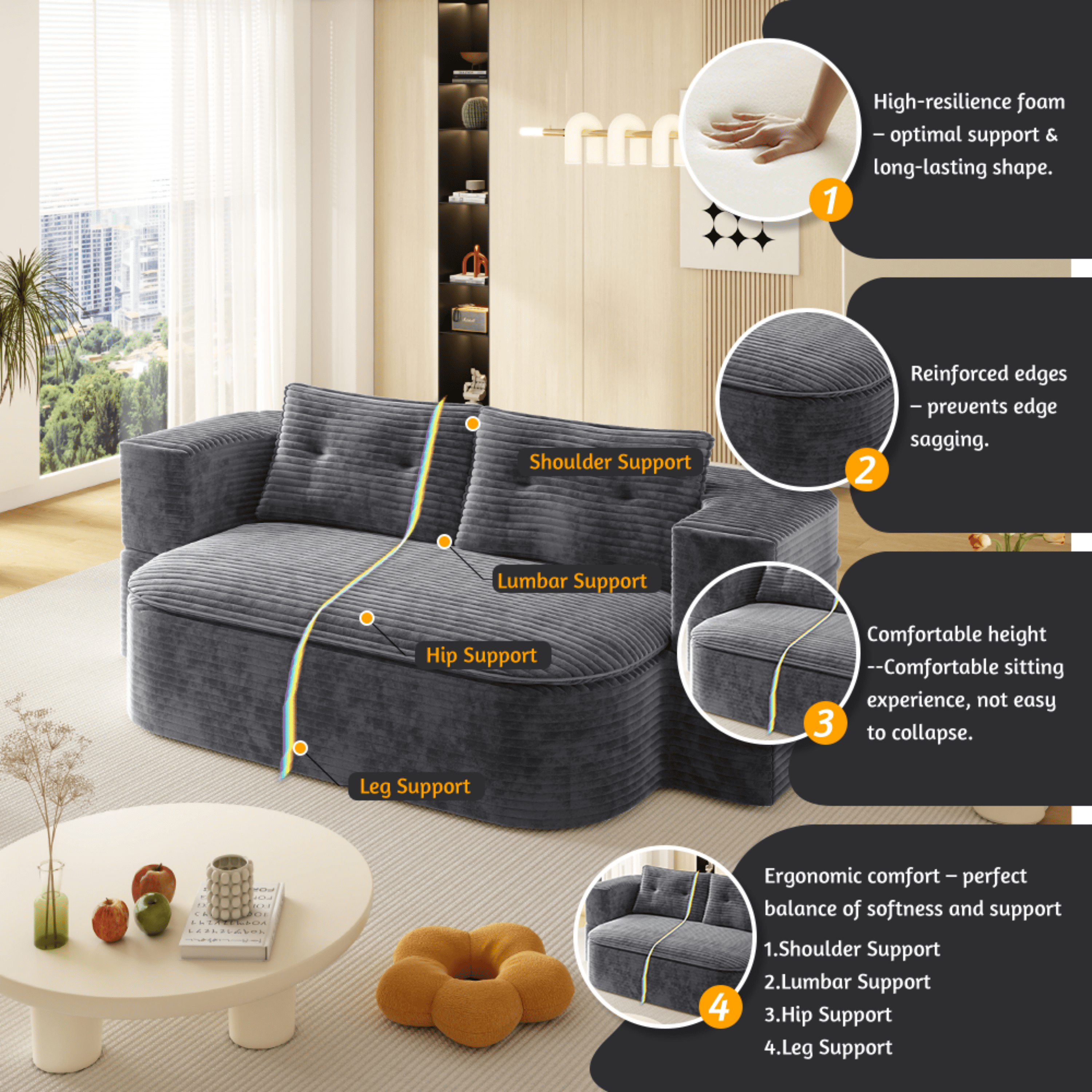 NeoKo 78" Full Size Floor Sofa, Folding Queen Sleeper Couch, Futon Loveseat Sofa, Corduroy Boneless Loveseat Couch, Fold Mattress Bed for Living Room, Guest Use, Office, Apartment, Dark Grey
