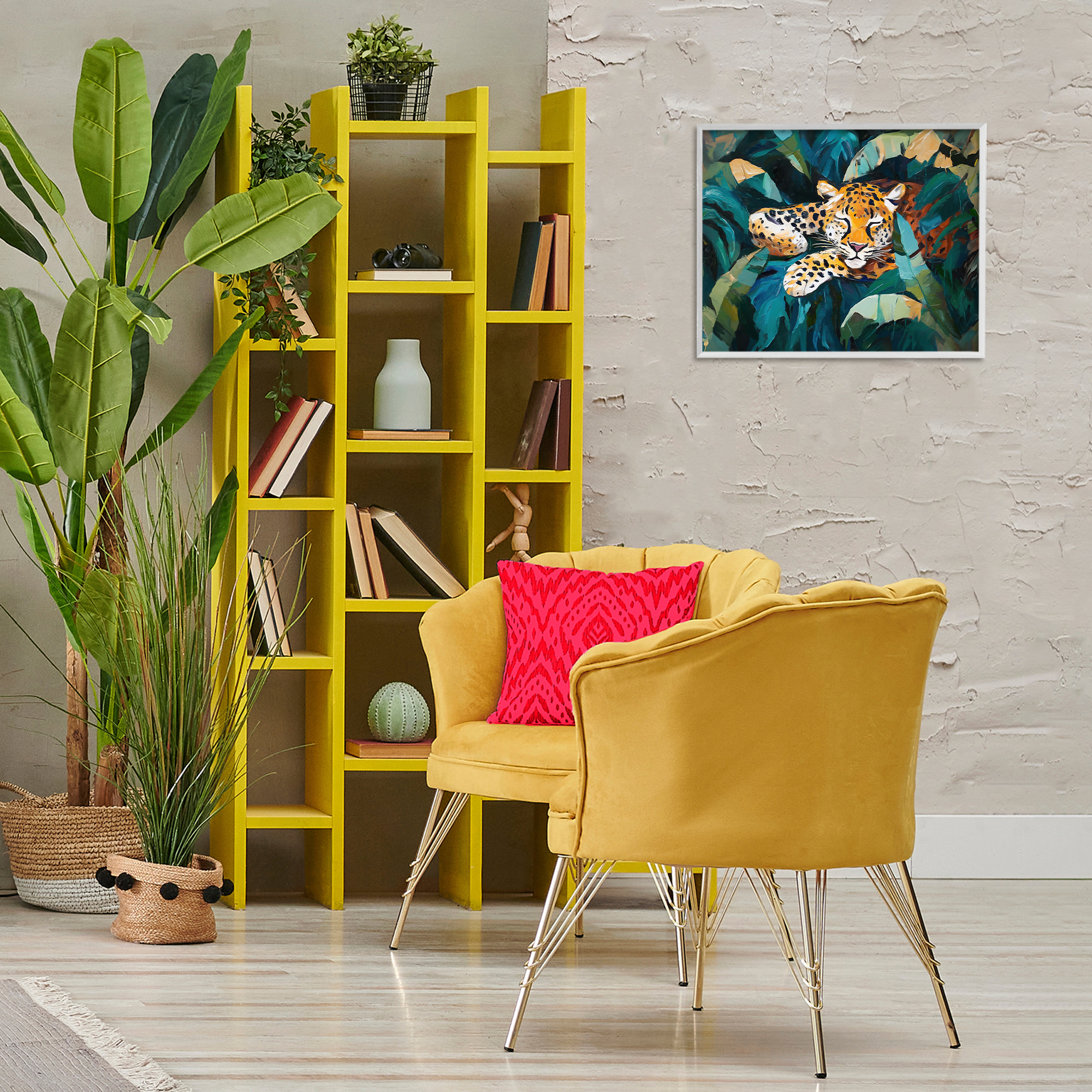 Stupell Industries Leopard Sleeping in Leaves Animals & Insects Painting White Framed Art Print Wall Art, 20 x 16
