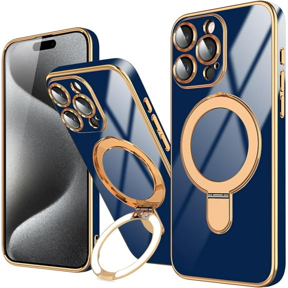 Blue for iPhone 15 Pro Max Case with Magnetic Ring Holder Kickstand [Compatible with MagSafe] [Built-in Camera Lens Protector] Glitter Gold Electroplated Slim Case for iPhone 15 Pro Max