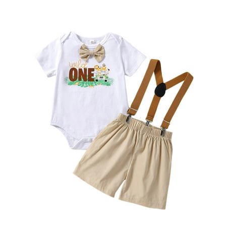 

Bagilaanoe 2Pcs Toddler Baby Boys Overalls Shorts Set Short Sleeve Romper /T-Shirt Tops with Bow Tie + Suspender Short Pants 6M 12M 24M 3T 4T Kids Birthday Outfits