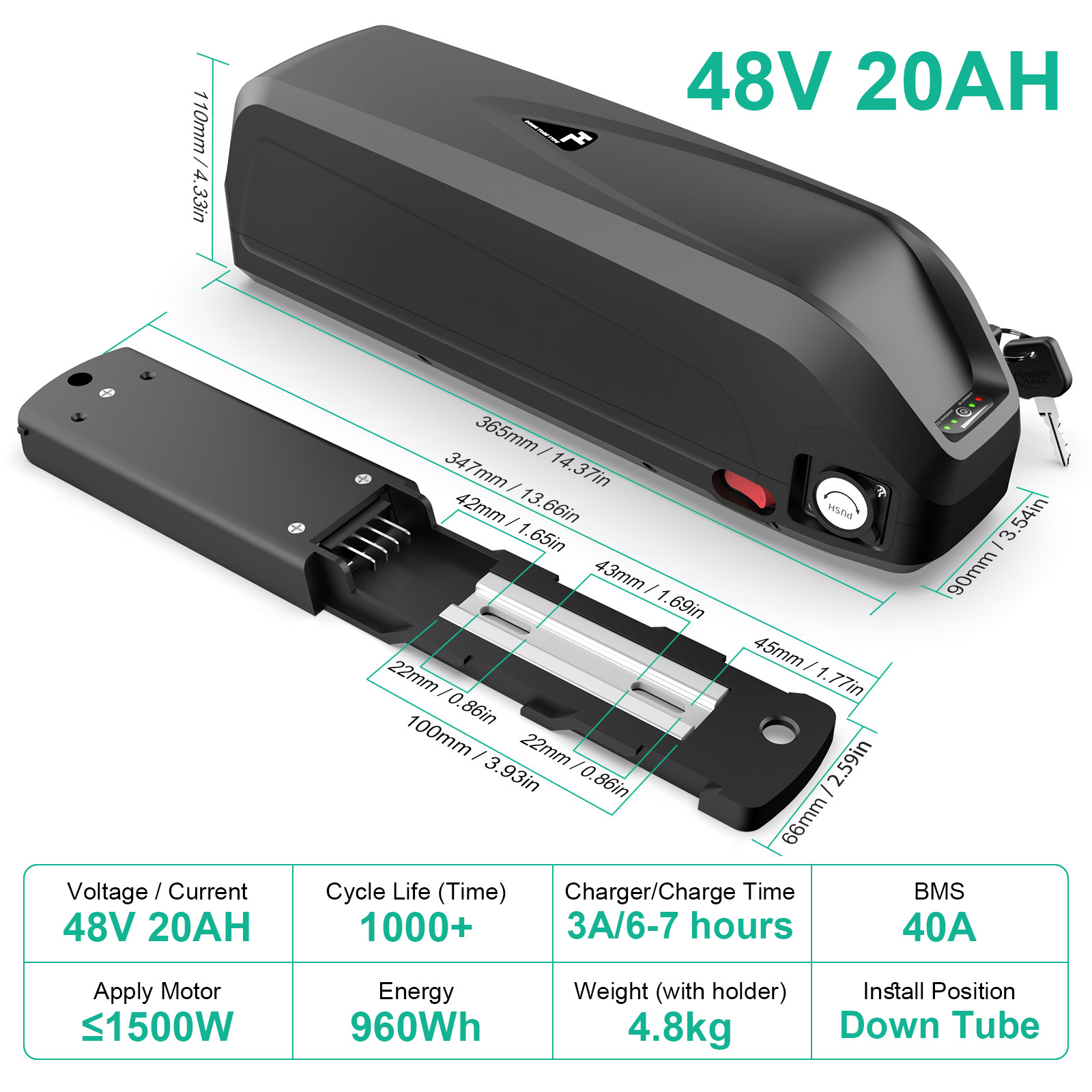BVSLTUK  48V 20Ah Ebike Battery Lg4800 Cell Lithium Battery Pack for 500W 750W 1000W 1200W 1500W Bafang Aw Ancheer Voilamart and Other Adults Eletric Bike Motors, Bike  Battery(4 Pins, W/Charger).