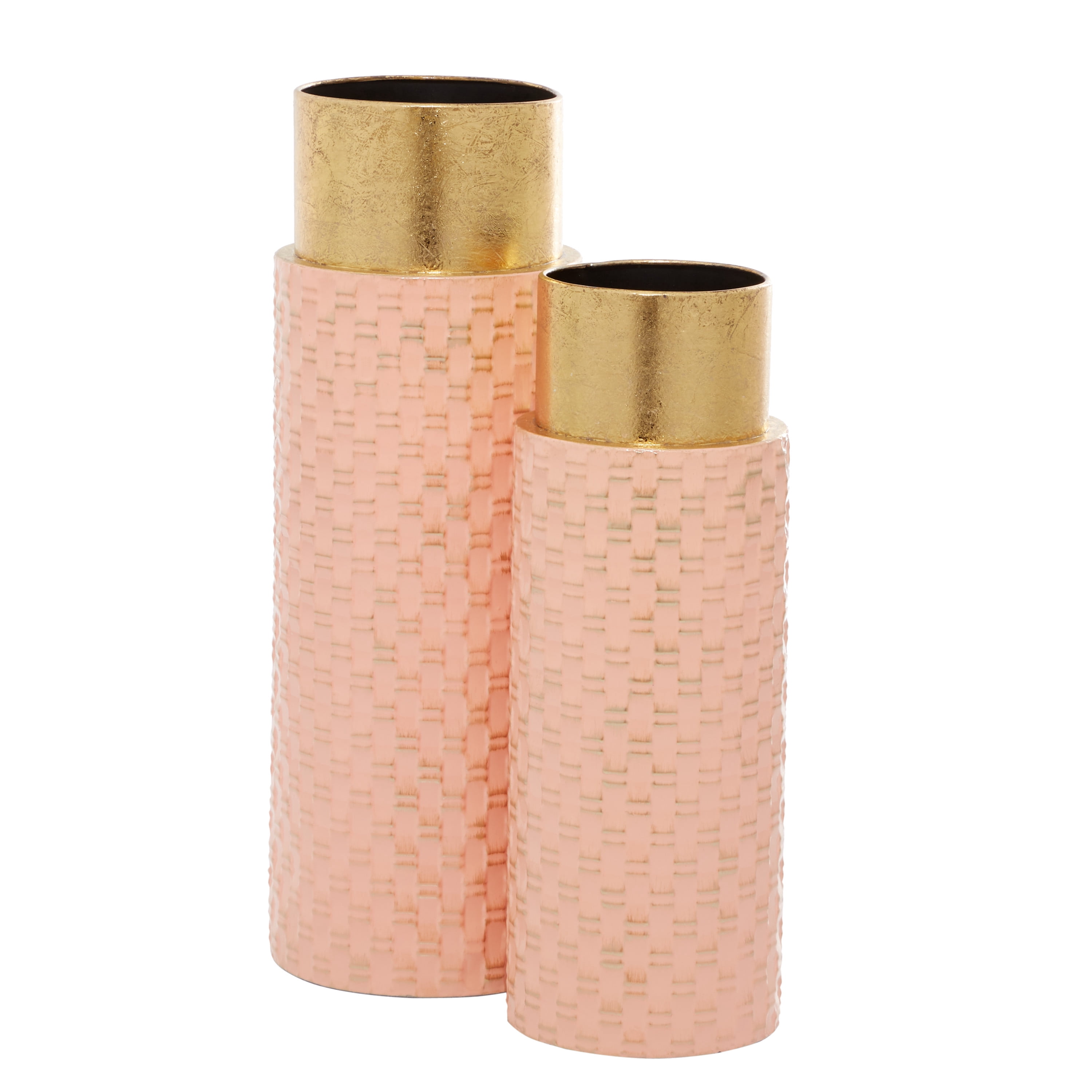 DecMode 18", 15"H Weave Inspired Pink Metal Vase with Gold Top, Set of 2