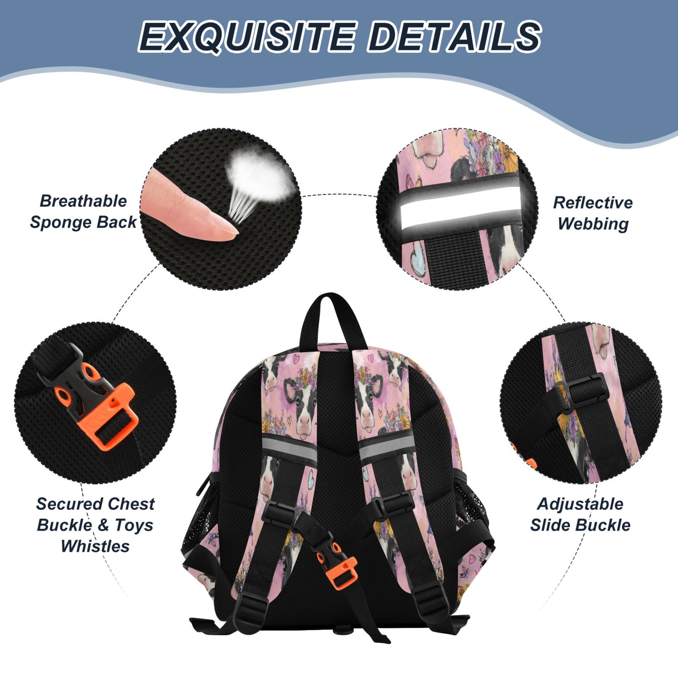 RMDQTR Adorable Ear-Print Backpack with Reflective Strip and Anti-Lost Leash Adjustable Shoulder Straps Mini Travel Backpack Beautiful Cows with Flowers