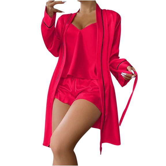 XuJwPNcy Women's 3pc Satin Pajamas Sets Silk Bathrobes with V Neck Cami Tank and Shorts Sets Sleepwear Lounge Sets