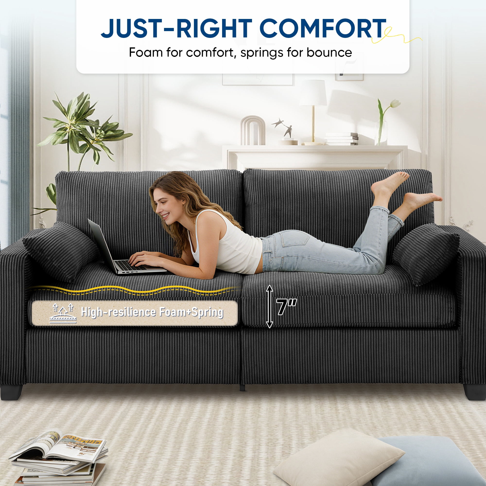 Lunale 79" Corduroy Loveseat Sofa, Modern Cloud Couch for Living Room, Apartment, Black