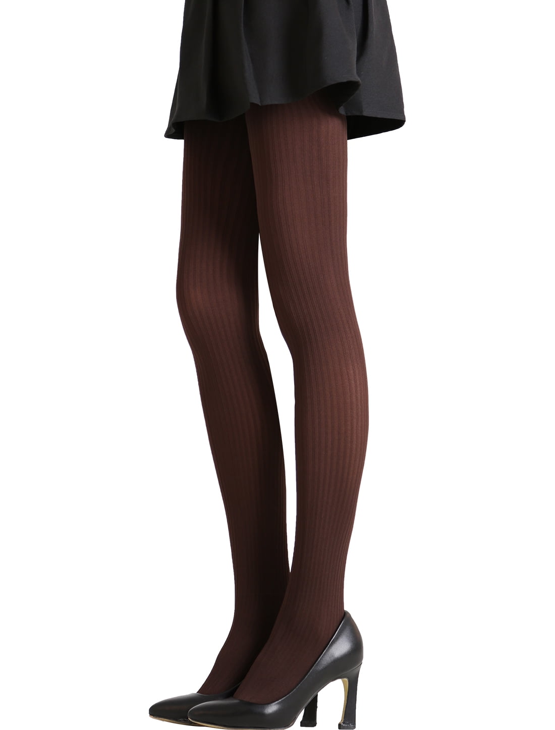 Ladies Vertical Stripes Embroidery Breathable Pantyhose 1 pair Brown XS