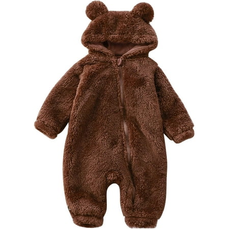 

LanJun Newborn Infant Baby Girls Boys Cute Solid Long Sleeves Cartoon Bear Ears Fleece Footed Hooded Zipper Baby Overalls