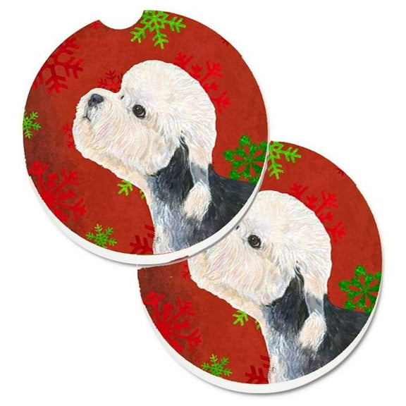 Dandie Dinmont Terrier Red & Green Snowflakes Christmas Set of 2 Cup Holder Car Coaster