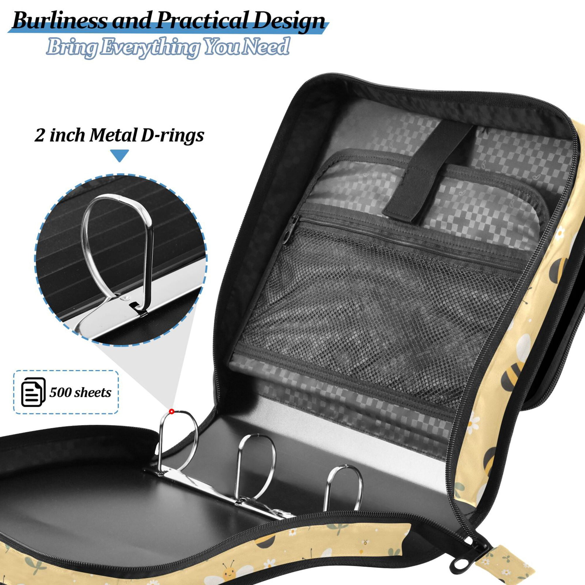 FORMRS Zipper Binder with Shoulder Strap 2-inch Ring 500 Sheet Capacity File Bag, Cute Bee Pattern