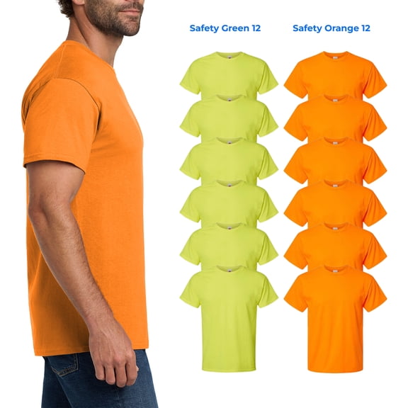Hanes Men's Essential-T Hi Vis T-Shirt, Short Sleeve Safety Green and Orange Work Tee, S, 12 Pack